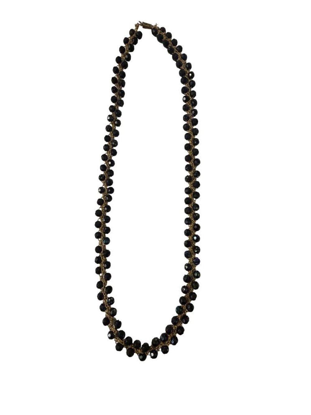 Vintage Black Faceted Bead Crochet Necklace Gold Tone 24" Boho Statement